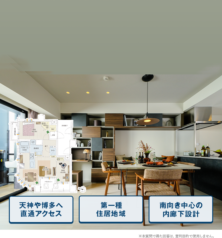 天神や博多へ直通アクセス、第一種住居地域、南向き中心の内廊下設計