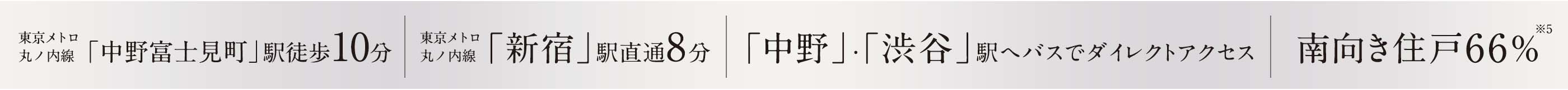 東京メトロ丸ノ内線中野富士見町駅徒歩10分、東京メトロ丸ノ内線新宿駅直通8分、「中野」・「渋谷」駅へバスでダイレクトアクセス、南向き&角住戸中心