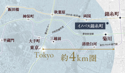 錦糸町から「東京」駅までの距離を示した地図