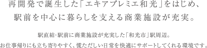 再開発で誕生した「エキアプレミエ和光」をはじめ、多彩な商業施設が揃う暮らしやすい住環境。