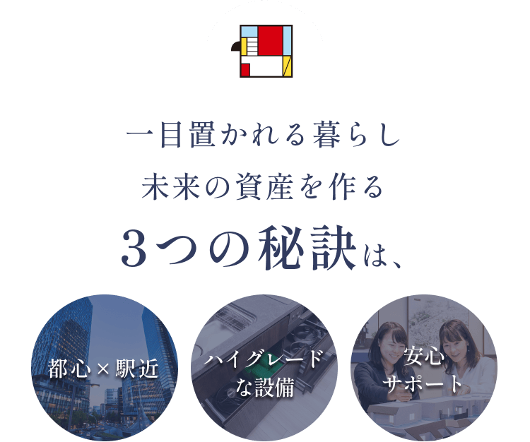 一目置かれる暮らし 未来の資産を作る3つの秘訣は、都心✕駅近 ハイグレードな設備 安心サポート