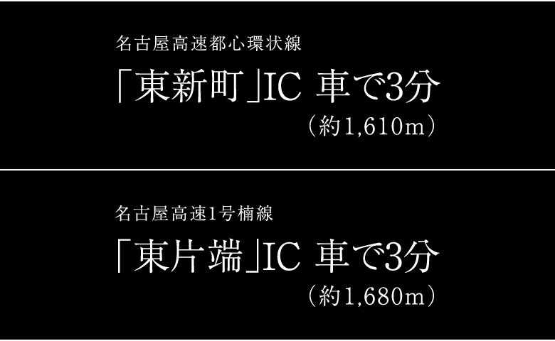 名古屋高速都心環状線「東新町」IC 車で3分（約1,610m）／名古屋高速1号楠線「東片端」IC 車で3分（約1,680m）