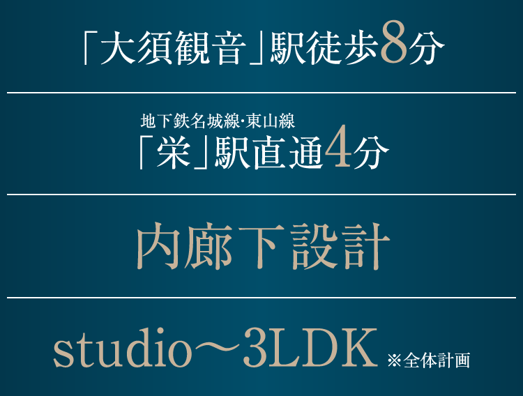 「大須観音」駅徒歩８分　地下鉄名城線・東山線「栄」駅直通4分　内廊下設計　studio～3LDK※全体計画