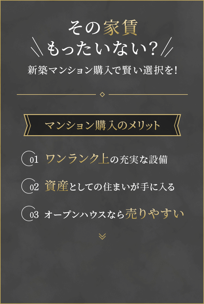 その家賃もったいない？新築マンション購入で賢い選択を！マンション購入のメリット①ワンランク上の充実な設備②資産としての住まいが手に入る③オープンハウスなら売りやすい