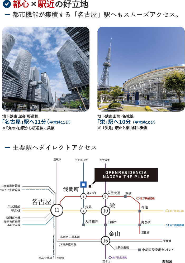 都心×駅近の好立地 | 地下鉄東山線・桜通線「名古屋」駅へ11分、地下鉄東山線・名城線「栄」駅へ10分